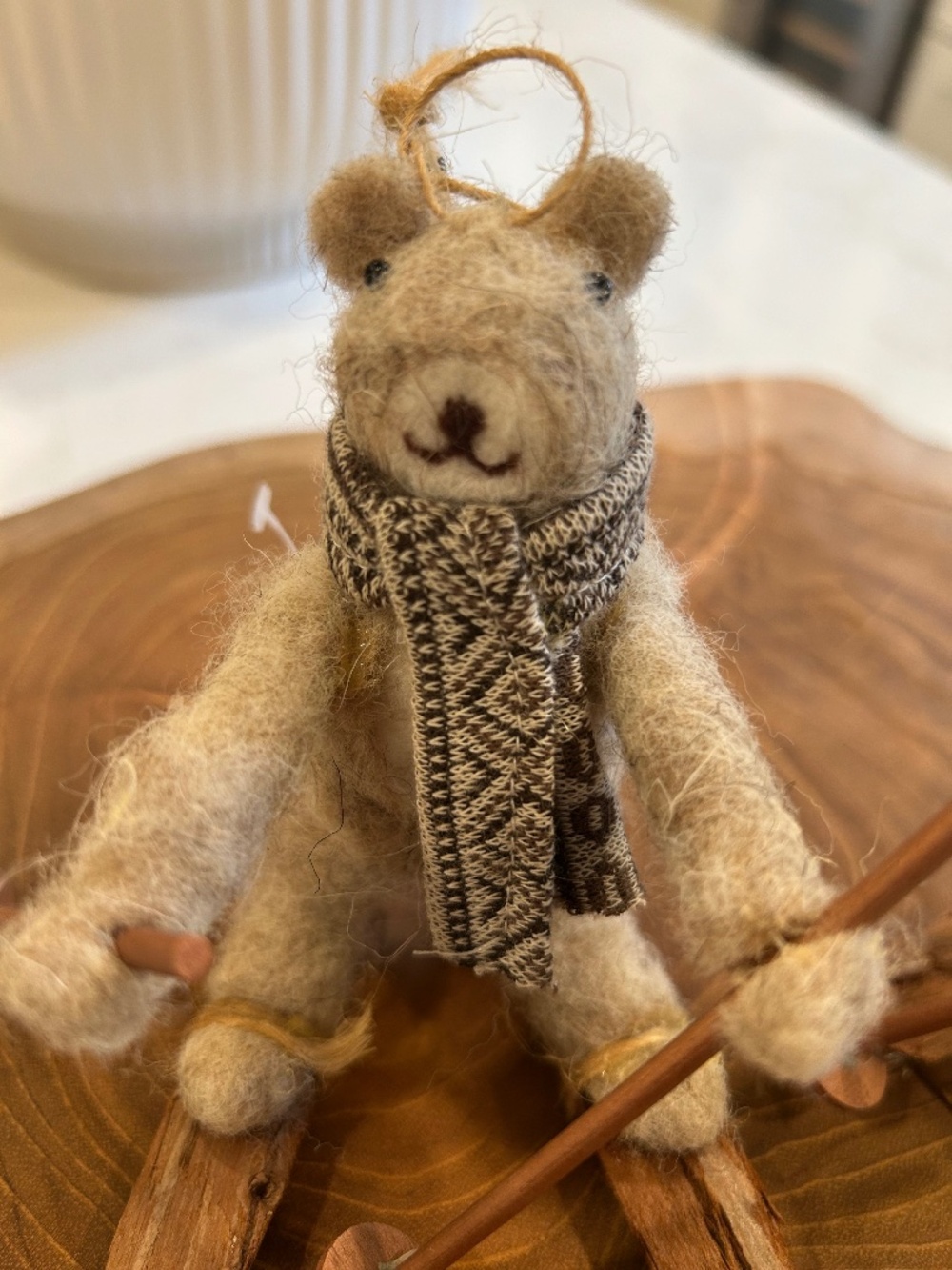 Adorable felt bear on skis ornament